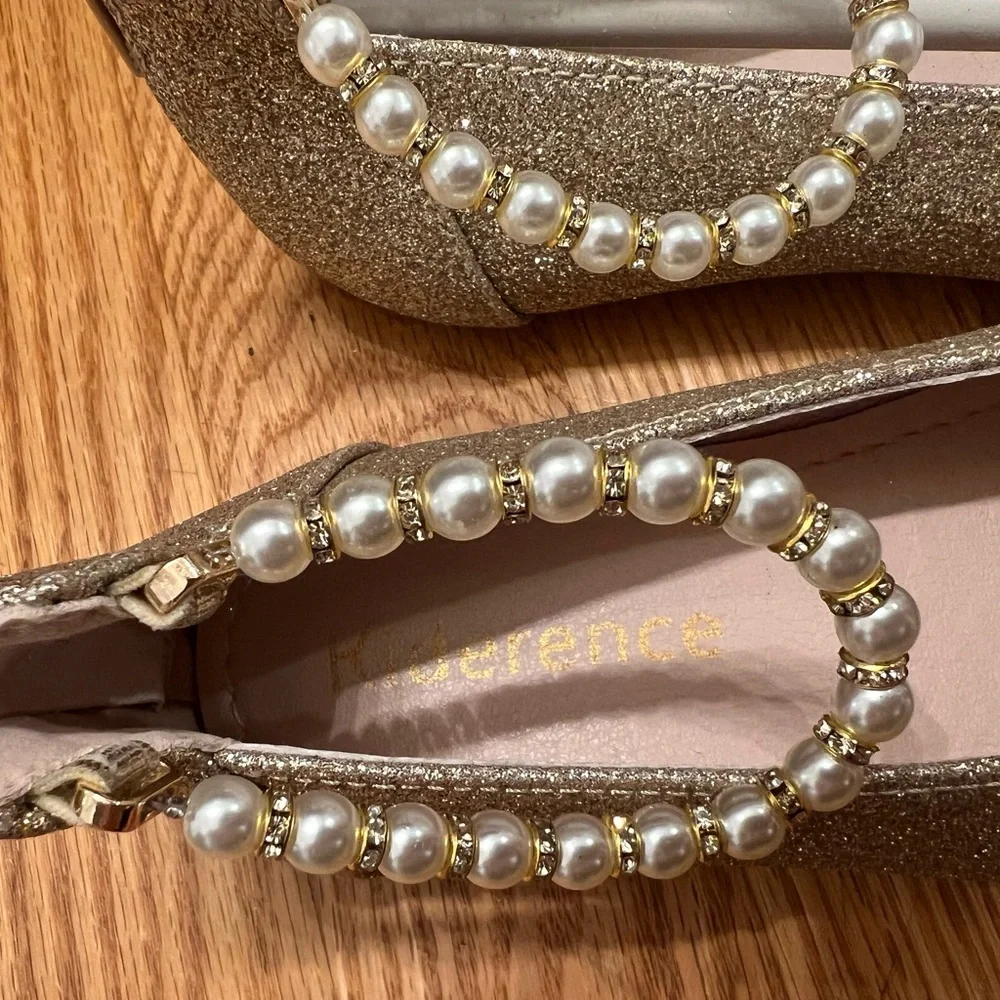 Gold Glitter ballet style Flats with Pearl Ankle Strap shoes